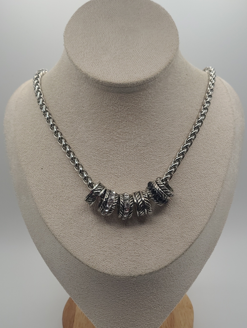 Cookie Lee  Silver Rope Chain Necklace with Textured Ring Accents